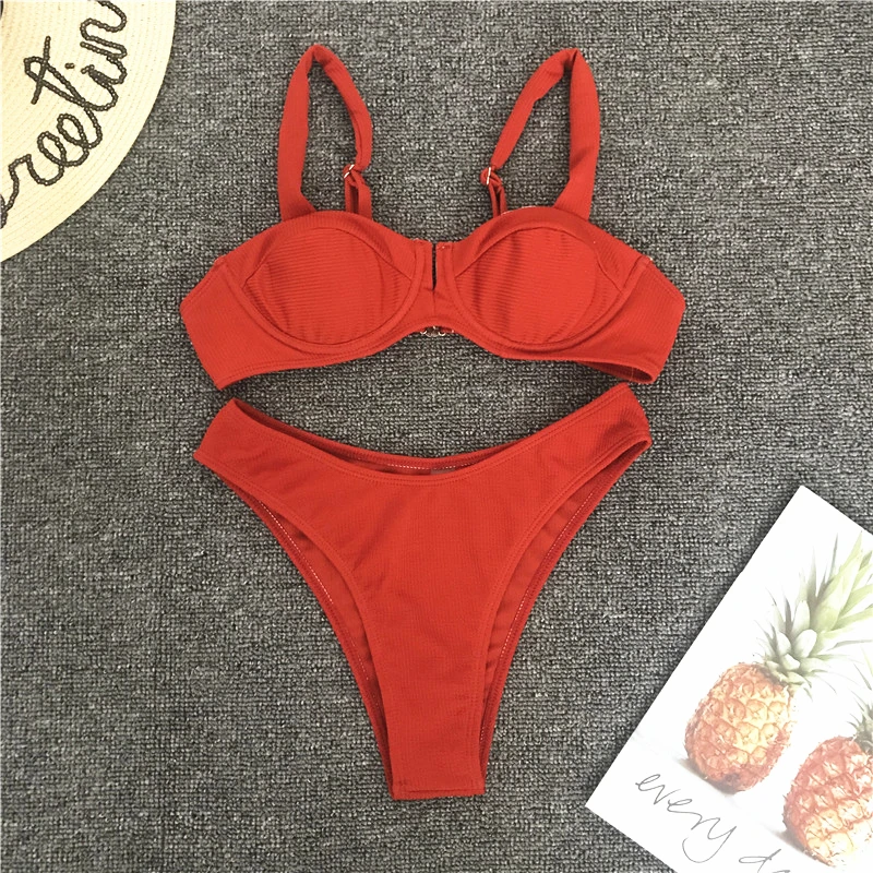 Сексуальное женское бикини однотонное красное с v-образным вырезом комплект из