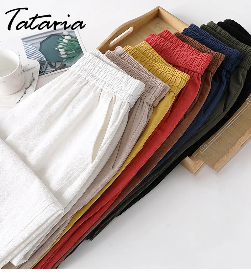 Женские Классические хлопковые льняные брюки повседневные стильные эластичные