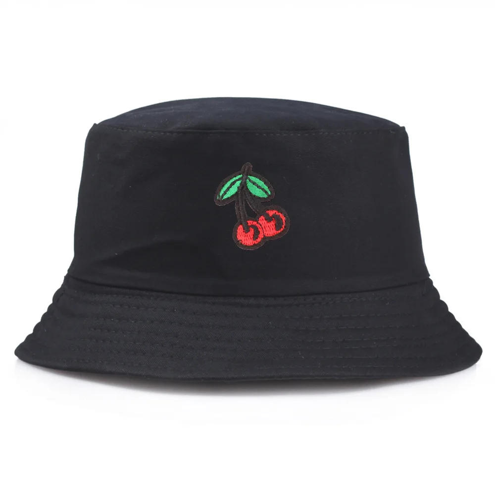 

Cherry Embroidery Cute Girls Bucket Hats Summer Beach Fishing Fashion Panama Caps For Women And Men Spring Black Fisherman's Hat