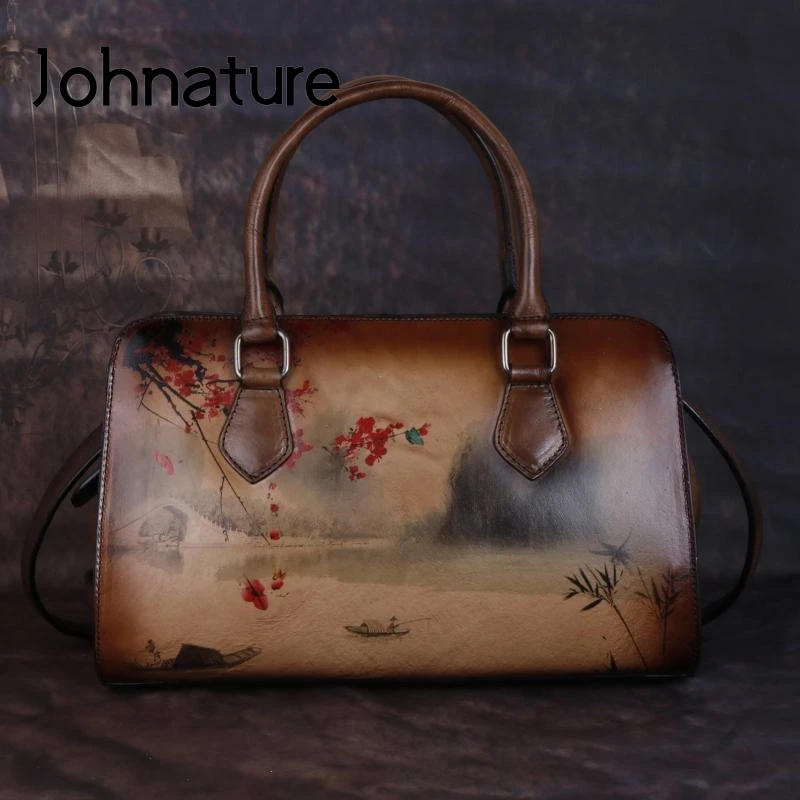 Женские сумки ручной работы Johnature из натуральной кожи с принтом пейзажа через