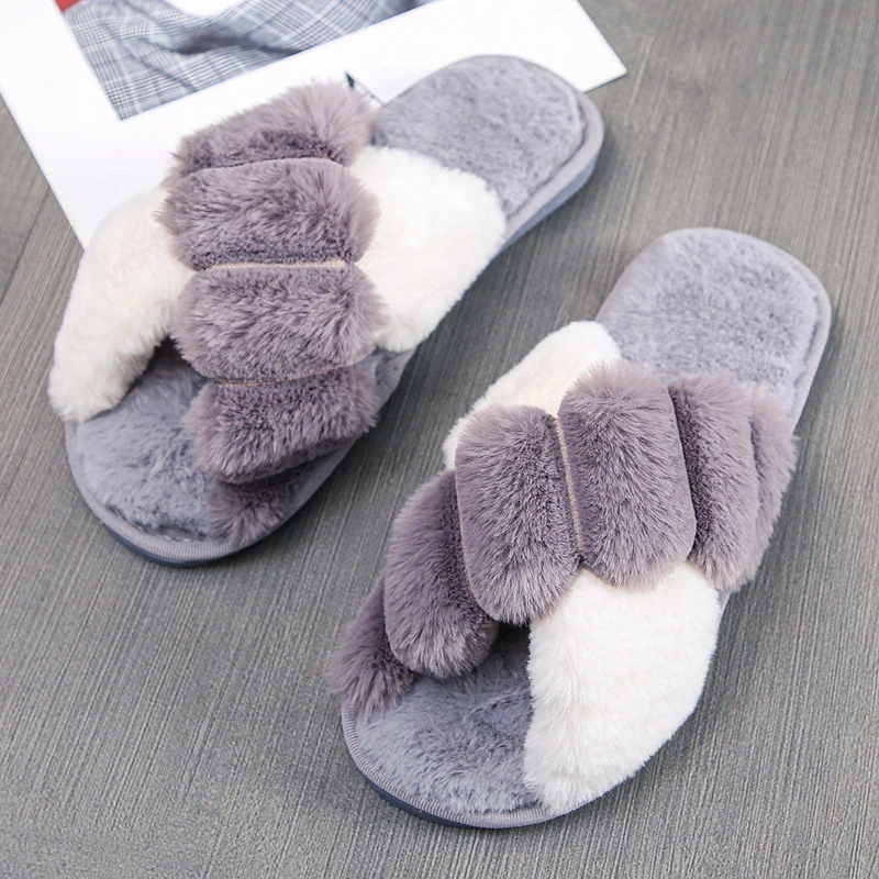 Теплые пушистые шлепанцы для женщин искусственный мех сланцы пола мягкая обувь