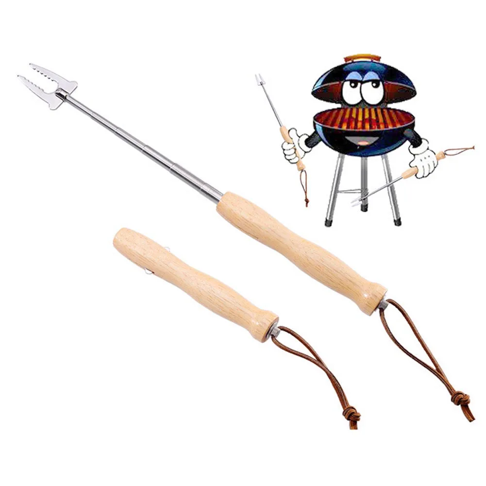 

1PC BBQ Forks Stick Camping Campfire Accessories Hot Dog Roasting Fork Retractable Barbecue Fork with Gourd Shaped Wooden Handle