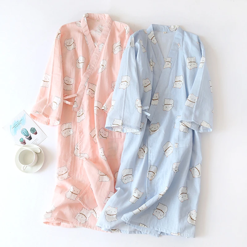 Халат женский из хлопка элегантная мягкая ночная рубашка оверсайз в японском
