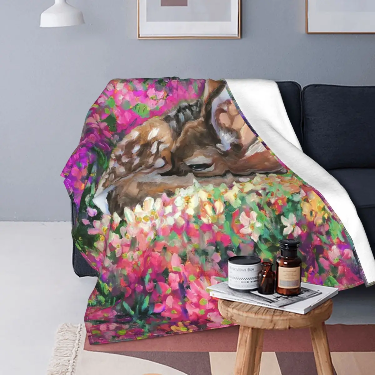 

Young Deer Colorful Flowers Blanket Flannel Printed Multi-function Ultra-Soft Throw Blankets for Home Bedroom Quilt