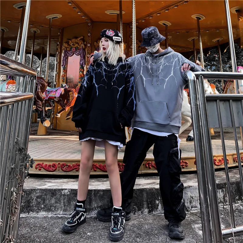 

Hip Hop Lightning Print Hooded Sweatshirt Oversized Harajuku Hoodies Streetwear Casual Fashion Punk Rock Hipster Tops Outwear