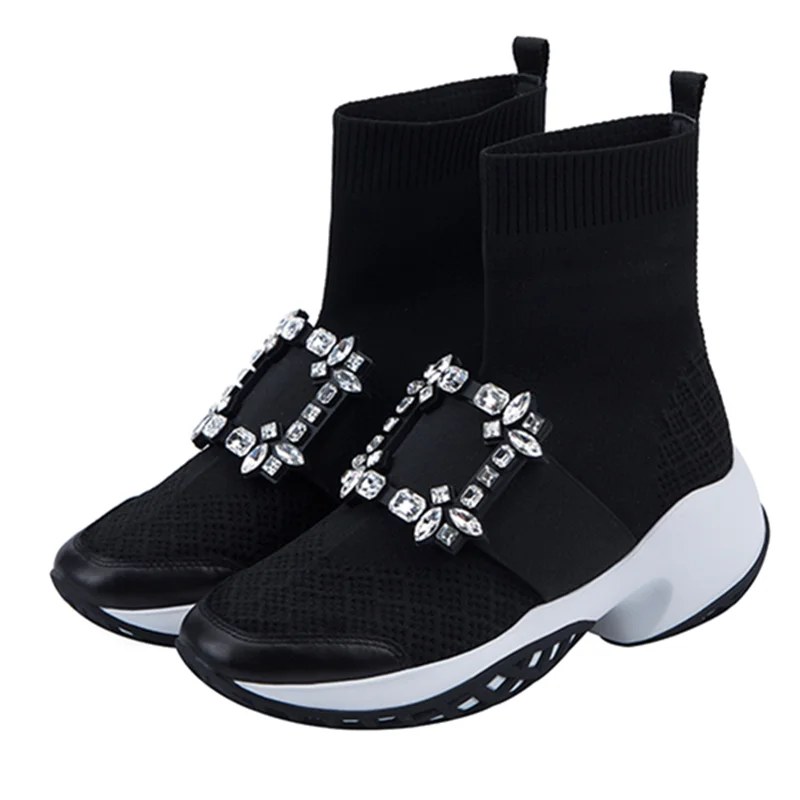 Модные туфли на платформе со стразами и пряжкой для женщин эластичные вязаные