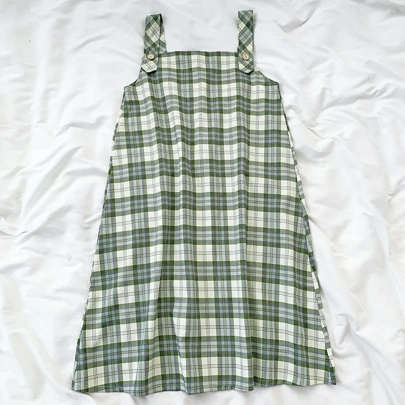 

JVCAKE 2 Piece Sets Check Plaid Green Summer T Shirt And Suspenders Skirt Set Long Overalls Women Outfits Clothing Women's Set