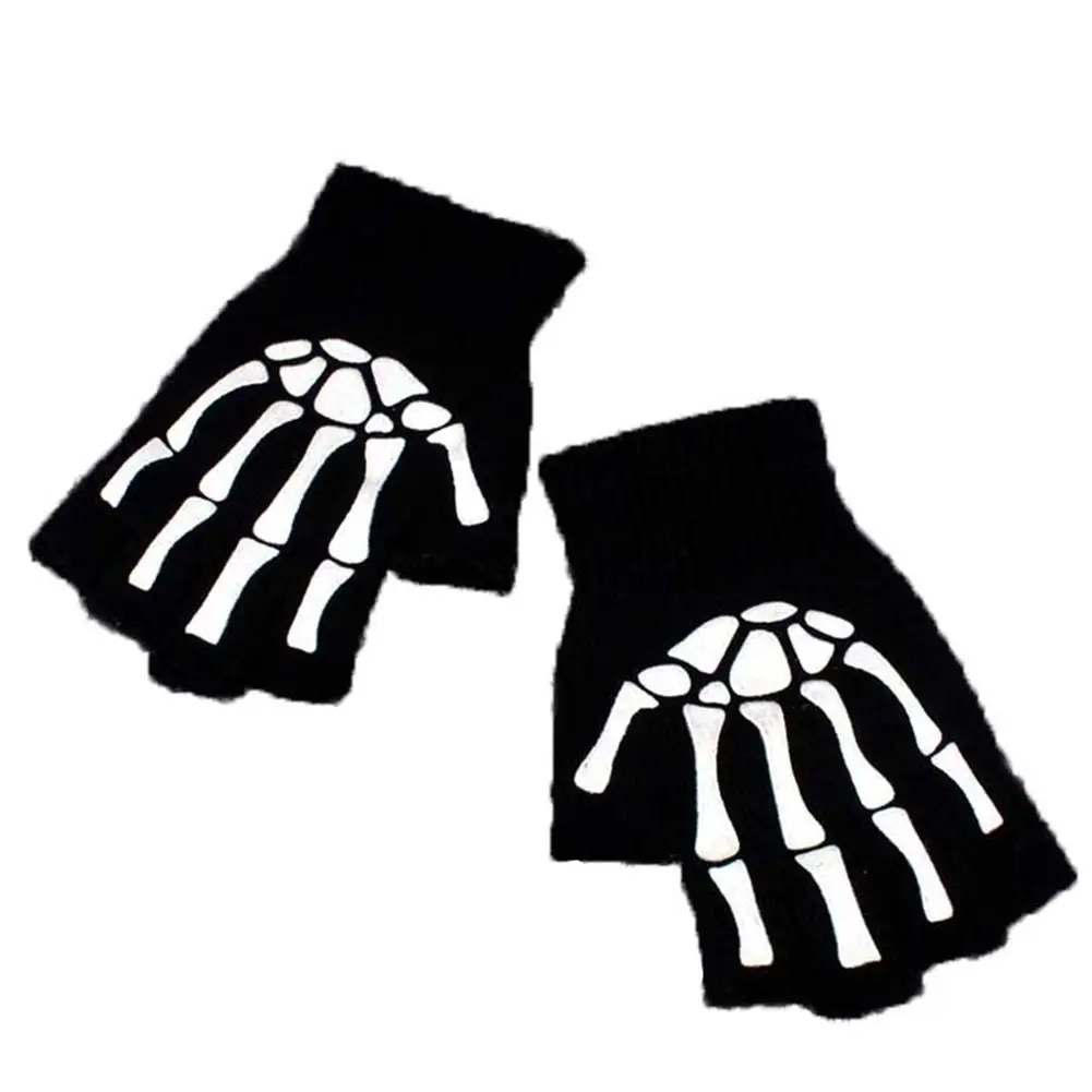 

Acrylic Black Half-Finger Skull Ghost Claw Gloves Printed Warm Halloween Magic Available Gloves Cosplay Knitted Claw L3G6