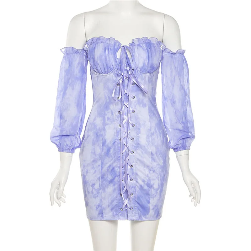 

2000s Aesthetics Off Shoulder Croset Dresses Y2K Fashion Ruffles Long Sleeve Tie Dye Mini Dress Lace-Up Sexy Clubwear
