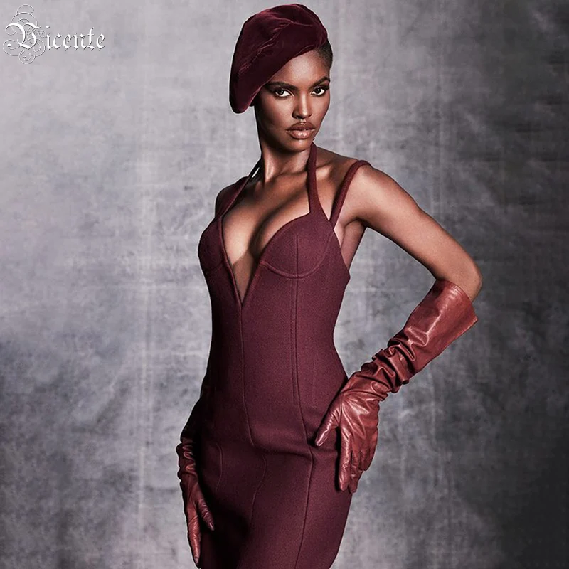 

Женское платье с V-образным вырезом VC, красное вино, без рукавов, с двойными бретелями через шею, короткое, на бретельках, Бандажное