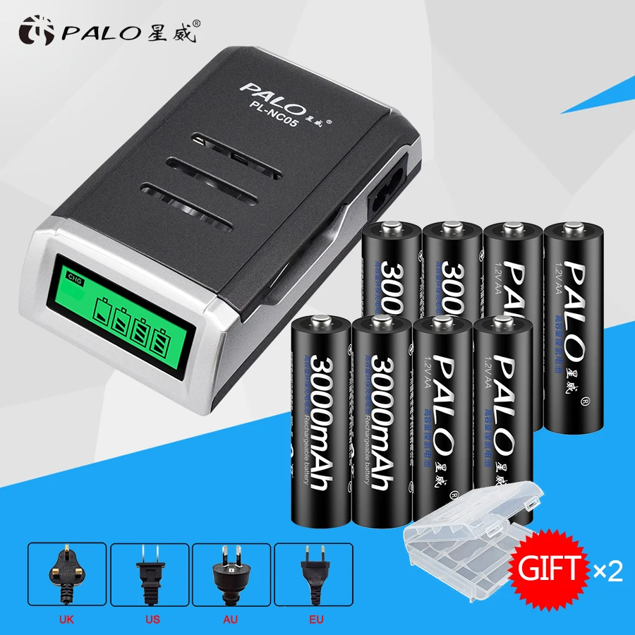 Palo 4 слота высокое качество lcd Intelligrnt зарядное устройство для AA AAA NICD NIMH батареи+ 8 шт 3000mahAA перезаряжаемые батареи
