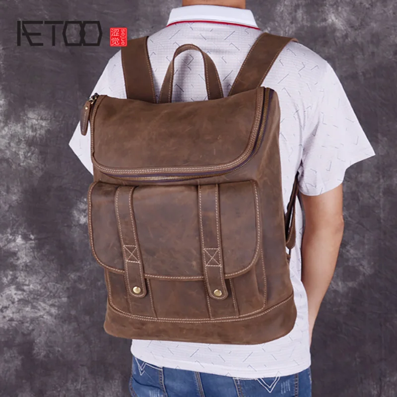 

AETOO Leather shoulder bag, men's vintage mad horse leather bag, college wind handmade leather casual backpack