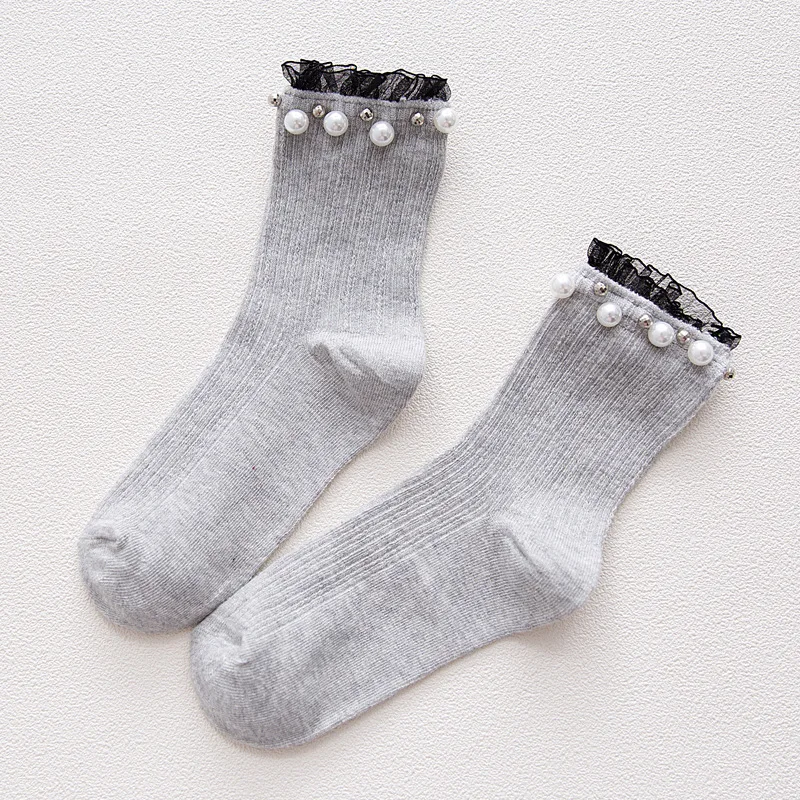 

5 colors Women Fashion Socks 2020 Autumn New Lace Pearl Solid Color Breathable Ankle Socks Cotton Fashion Cute Socks Woman