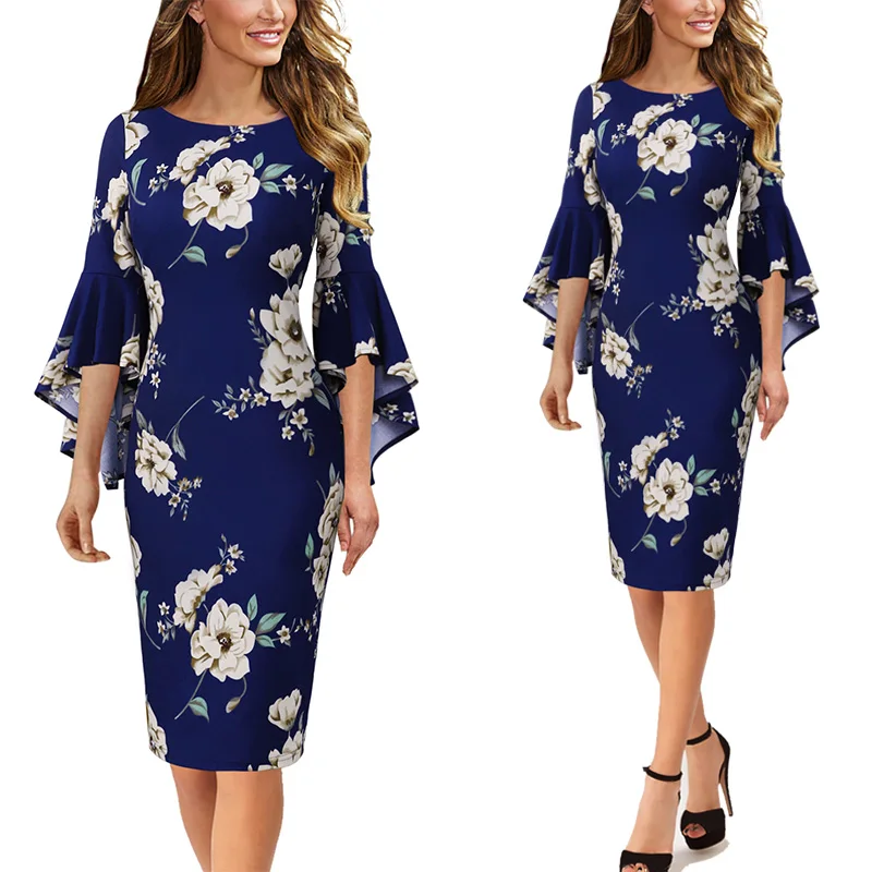 Blue Beige Flower Vfemage женское осеннее Элегантное Длинное расклешенное модное винтажное вечернее коктейльное облегающее платье-футляр с расклешенными рукавами 1703 - Цвет: Blue Beige Flower