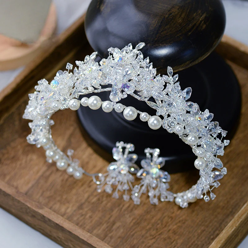 

European Crystal&Pearls Bridal Crowns Headpieces set Wedding Headband Tiaras Brides Hair Accessories