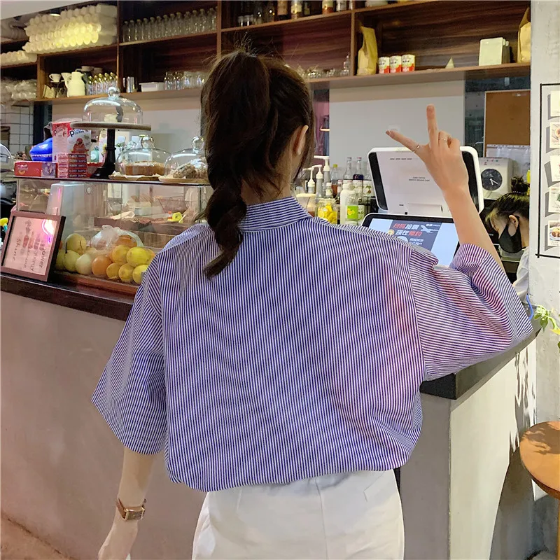 

Houthion Chiffon Loose Plus Size Women's Blouses Buttons Polo Shirt Summer New Casual Blouse Fashion Short Sleeve Top Stripe