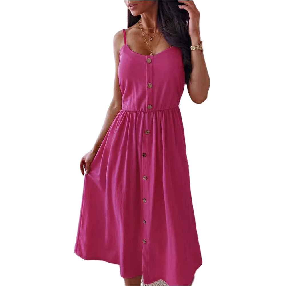 

Women's Summer New Casual Loose Dress Solid Color Single-Breasted Sling Mid-length Skirt For Ladies Elegant dresses for women