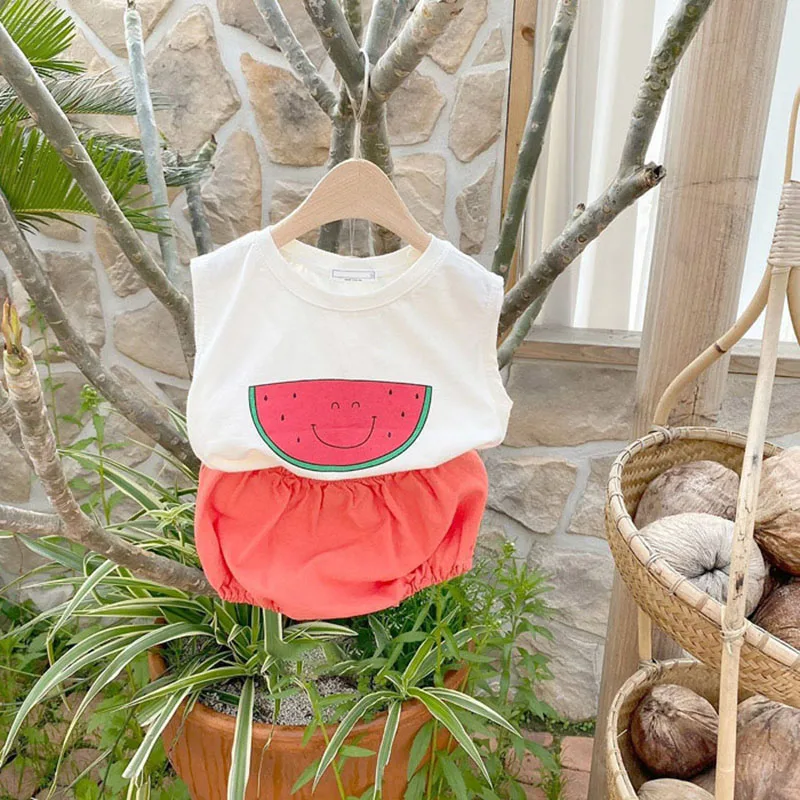 

HAYANA 2021 Summer New Baby Girls Clothes Watermelon Suit Vest and Bloomer 2Pcs Baby Boy Set Newborn Clothes