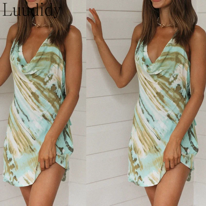 

Summer Women Tie Dye Halter Mini Dress