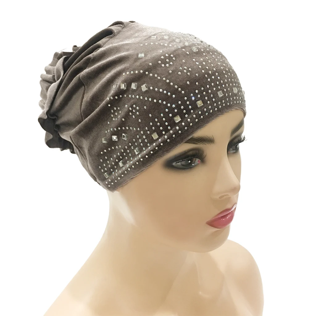 

H223 Winter Pleuche Muslim Hijab Hats With Ball &Rhinestones Full Cover Amira islamic scarf Velvet fabric turban caps