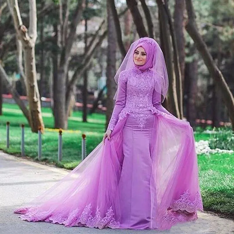 

Светильник-Фиолетовое облегающее мусульманское свадебное платье русалки с длинным рукавом высокие блестящие Кружевные Аппликации Свадеб...