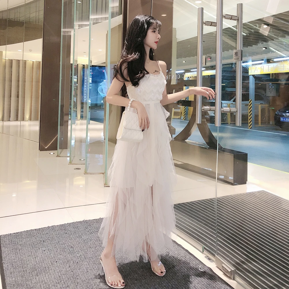 

Fairy 2021 Summer New Fashionable, Elegant and Sexy Sequined Slim Fit Slimming Layers of Mesh Strap Long Dress