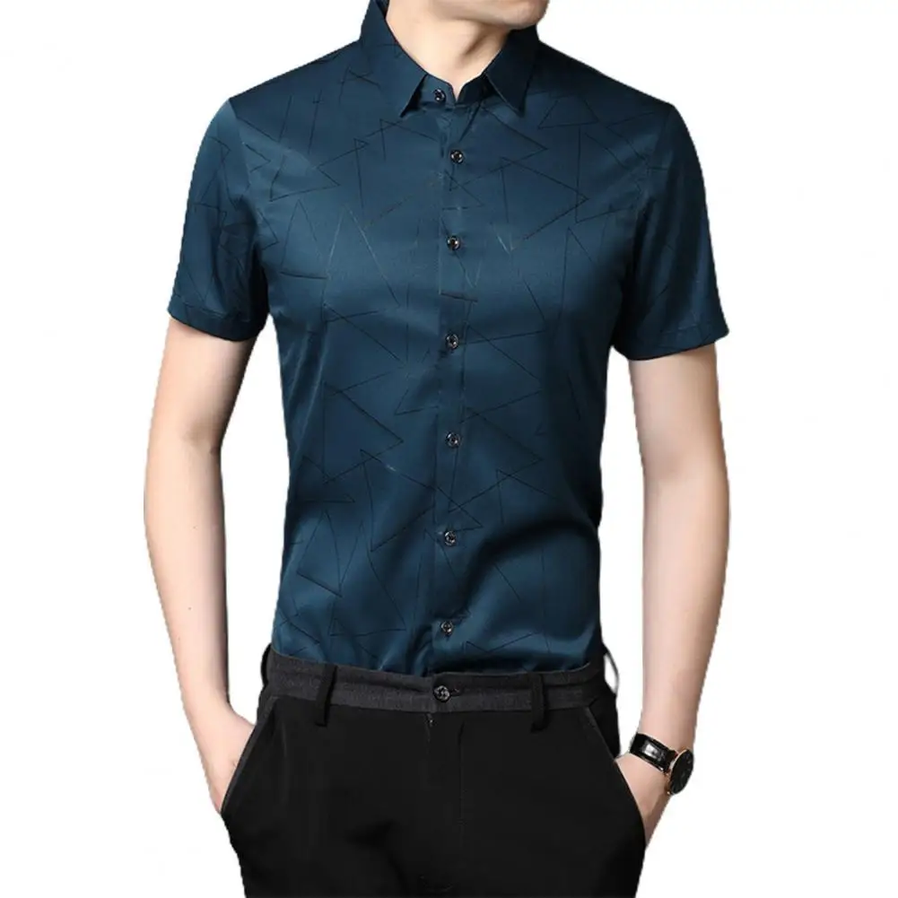 

New Men Social Shirt Geometric Print Breathable Summer Lapel Short Sleeve Top for Business T-Shirts Men Clothing