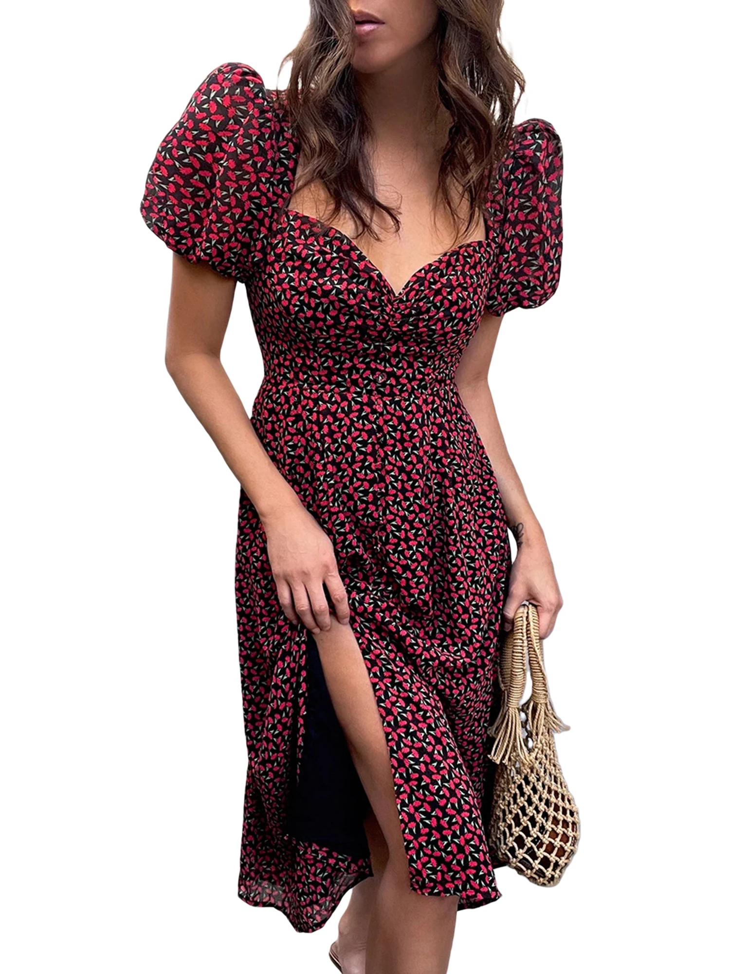 

2021 European and American fashion women's temperament print bra bubble sleeve split skirt dress floral dress women summer