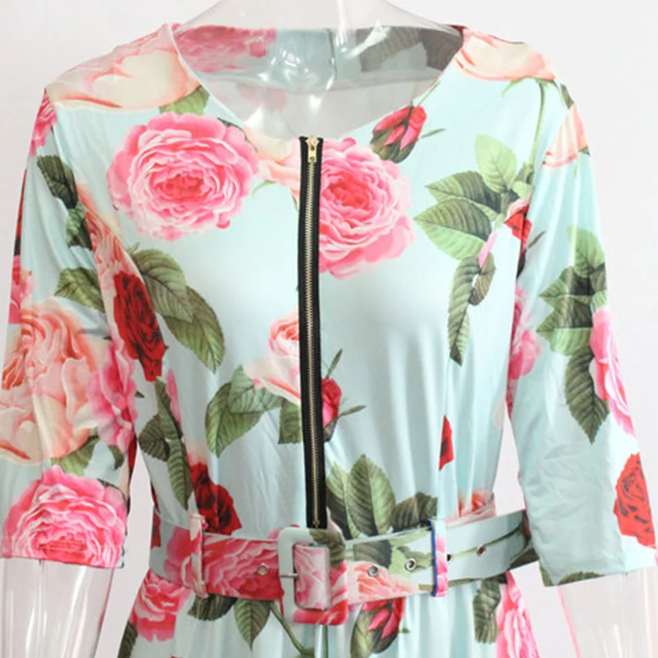 

Floral Midi Digital Print Dress With Belt Sheath Half Sleeve Dress Hipster Sukienka A Line High Quality Women Fashion Dress 2021