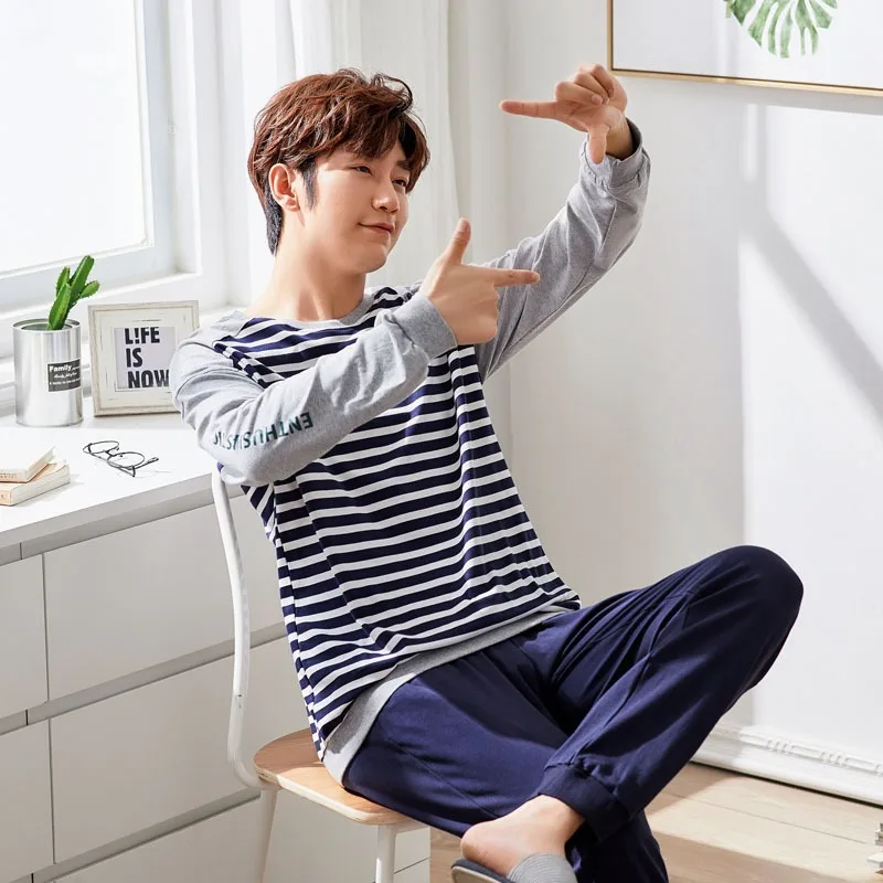 

2020 Spring Autumn Cotton Print Long Sleeve Pajama Sets for Men Soft Sleepwear Suit Male Pyjama Loungewear Homewear Home Clothes