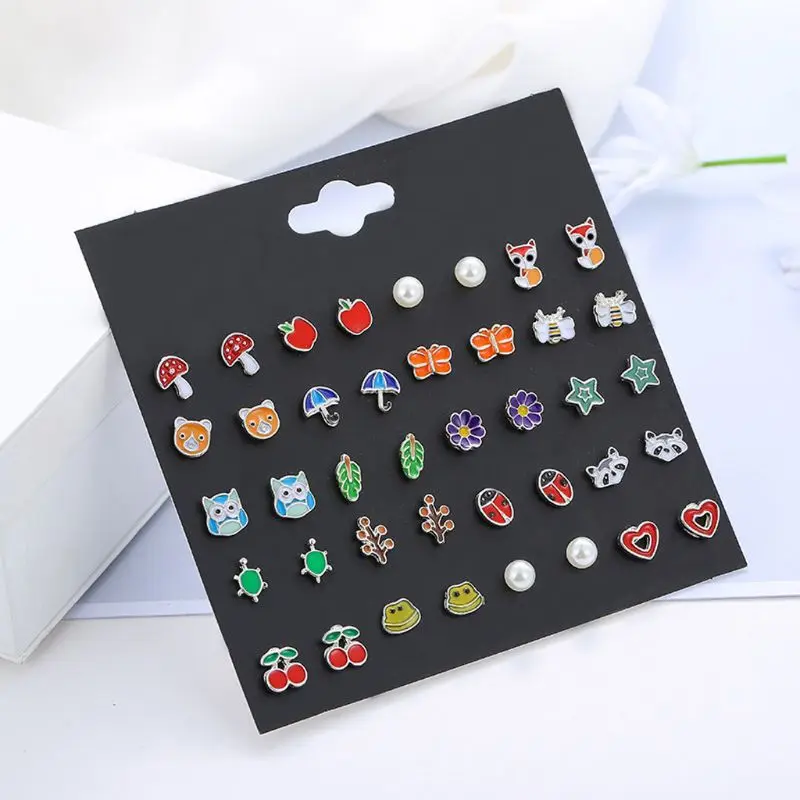 

20 Pairs Cute Small Animal Fruit Fox Butterfly Stud Earrings Set For Kids Girl