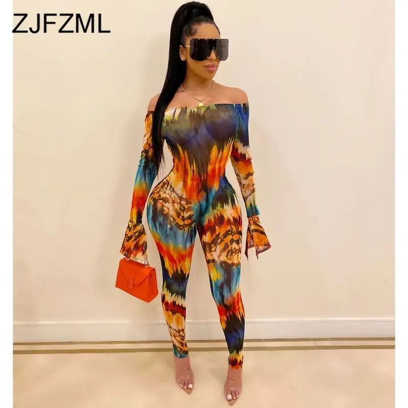 Красочные Tie Dye сексуальные комбинезоны женский комбинезон с открытыми плечами без спинки цельный комбинезон осень Слэш шеи с длинным рукавом Облегающий комбинезон для вечеринок