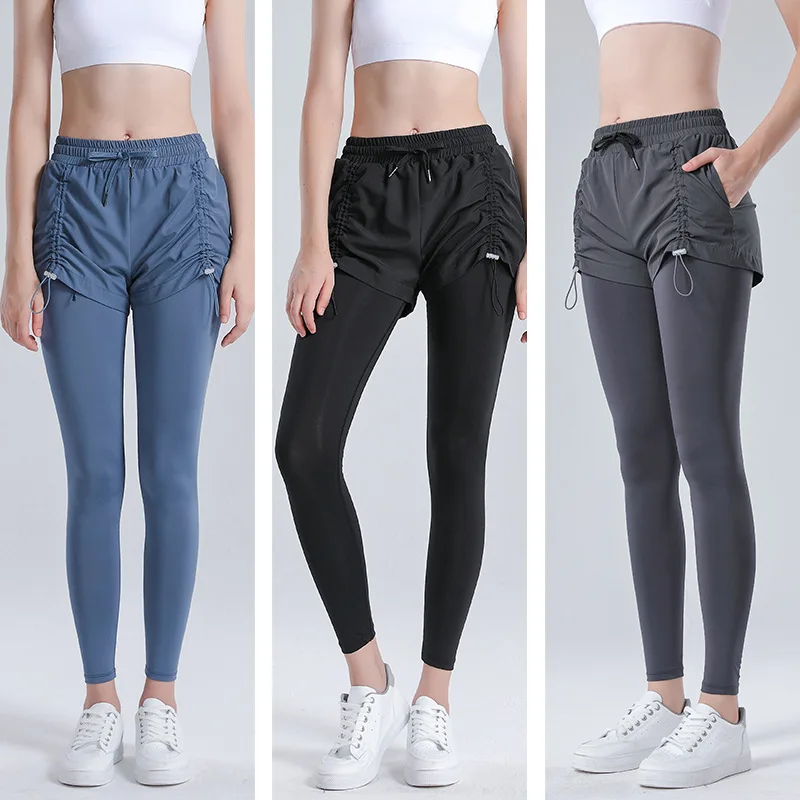 

TQTQKK Running Sports Fitness Pants Fake Two-piece Drawstring Yoga Pants Quick-drying Breathable Tights Women's Seamless Tights