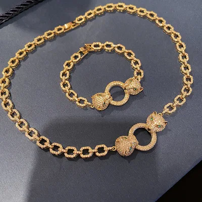 

Full Diamond Double Leopard Necklace Animal Chain Bracelet Domineering Wild Tide Luxury Accessories For Men And Women 2021 Style