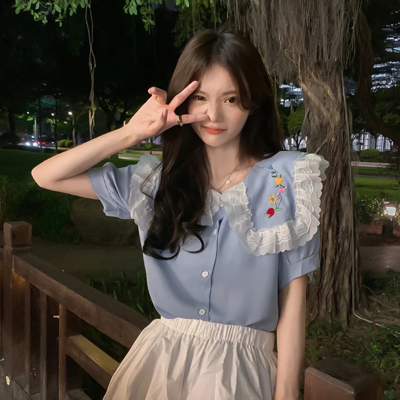 

Korejepo Women Shirt 2021 Summer Girls French Sweet Temperament Doll Collar Gentle Style Age Reducing Chic Short-Sleeved Blouses