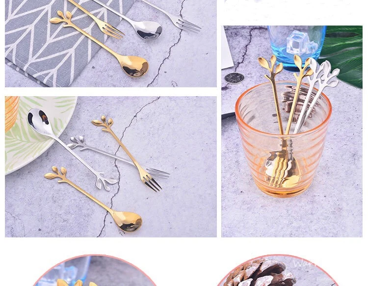 Golden Silver Leaf Spoon Stainless Steel Coffee Spoon Coffee Mixing Spoon Northern Europe Custom Gift Creative Branch Spoon