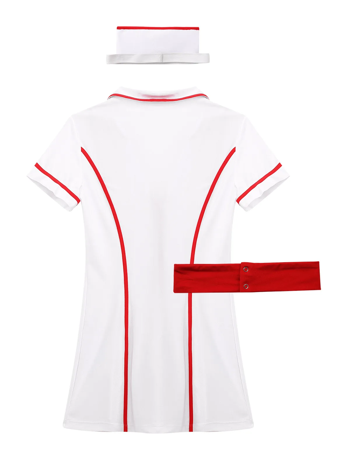 

Womens Lingerie Nurse Uniforms Sexy Cosplay Costume Lapel Collar Mini Uniform Dress with Headband and Belt Role Playing Outfits