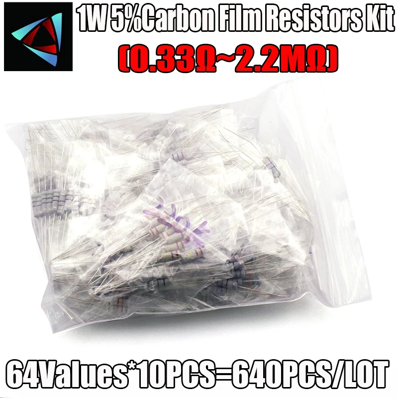 

320Pcs 1W 5% 0.33-2.2M Ohm 64ValuesX5Pcs Carbon Film Resistor Assorted Kit Metal Oxide