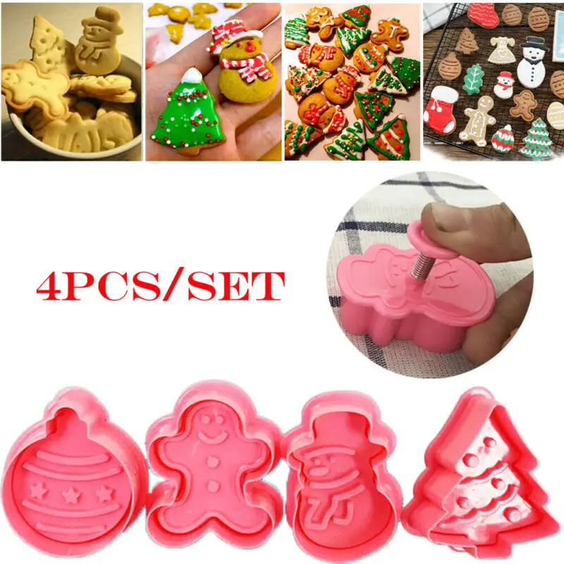 

4pcs/set Christmas Cookie Cutters Stamp Mold Plastic 3d Cake Biscuit Plunger Mould Diy Pastry Baking Tools Gadżety Do Pokoju