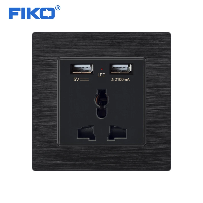 

Универсальная Розетка FIKO 13A с USB, черная панель из алюминиевого сплава, 5-контактная настенная розетка 86 мм * 86 мм, домашняя розетка для семейного отеля