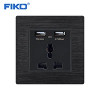 fiko 13a universal socket with usb black aluminium alloy panel 5 pin wall power 86mm86mm household socket family hotel socket