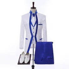 Conjunto de ropa de escenario para hombre, traje de boda, traje Formal de novio (chaqueta + Pantalones + chaleco + corbata), color blanco, azul real (4)