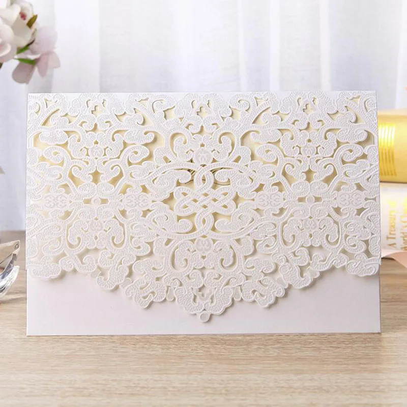 50pcs Blue Gold White Red Elegant Laser Cut Luxury Flora Wedding Invitations Card Lace Favor Free Print Party Decoration | Дом и сад