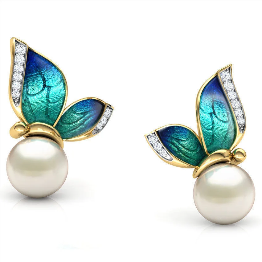 

Milangirl Fashion Imitation Fake White Pearl Butterfly With Crystal Stud Earrings For Women Wedding Engagement Party Jewelry