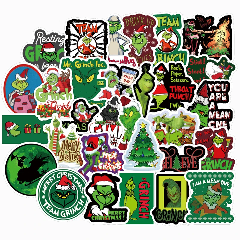 50 Uds. De pel&iacute;cula de animaci&oacute;n americana, pegatinas de Navidad de estola de Grinch para refrigerador, Scooter, pegatina de vidrio para ventana-0