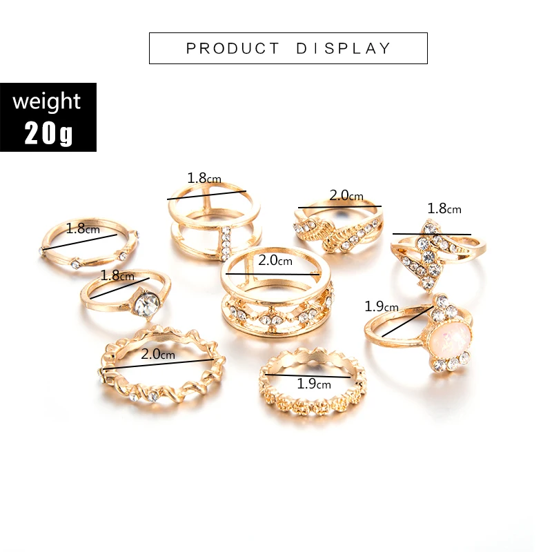 Docona Bohemian 9pcs/sets Gold Color Clear Crystal Opal Stone Rings Sets Geometric Women Jewelry Accessories A27303 | Украшения и