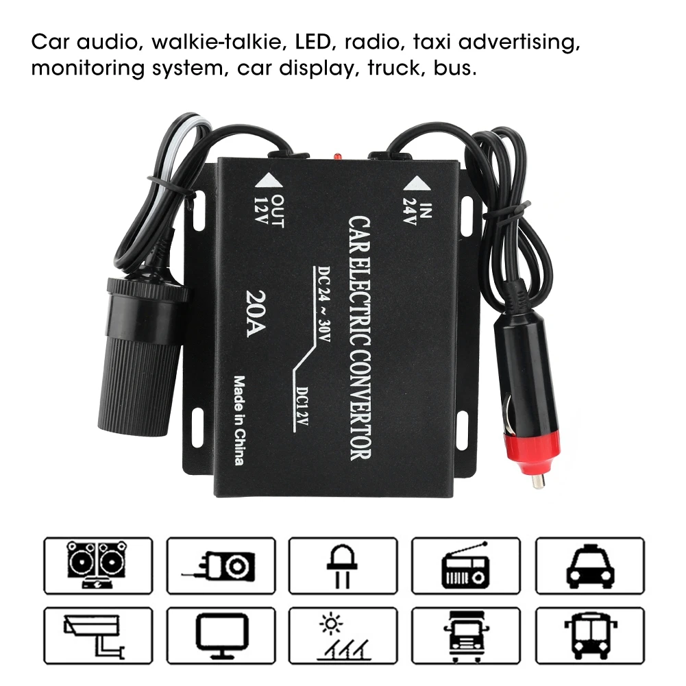 20A Car Power Supply Converter Step Down Transformer 24V To 12V Cigarette Lighter Type | Shifters