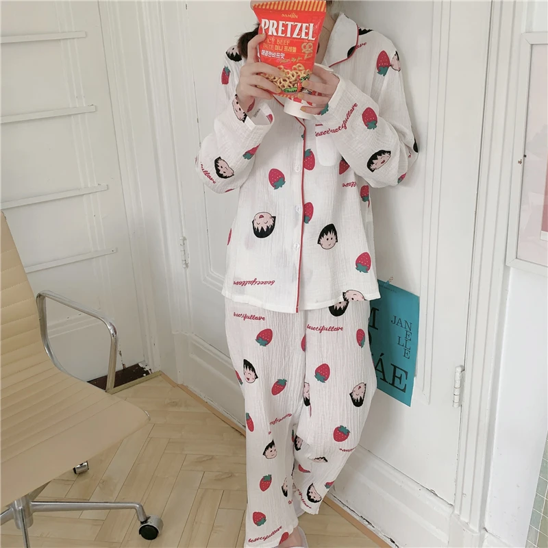 Conjunto de pijama de gasa de algodón para mujer, ropa de dormir bonita con dibujos animados kawaii, traje de manga larga para otoño