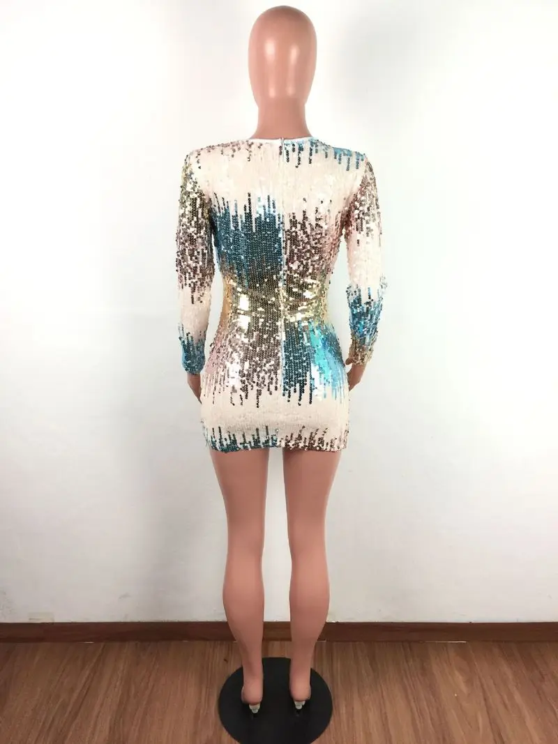 

2020 Europe and The United States New Women's Sequin Dress V-neck Color Sexy Sequin Dress Club Party Shiny Sequin Dress