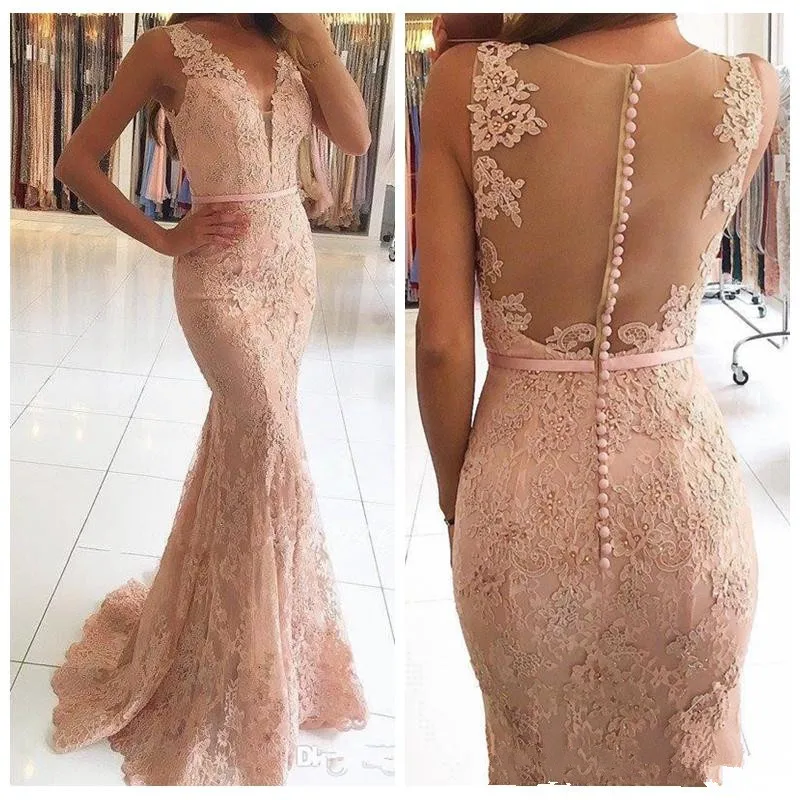 

Grace Light Pink Mermaid Evening Dresses Deep V-neck Backless Formal Party Gowns Lace Appliques Beading Evening Gowns for Women